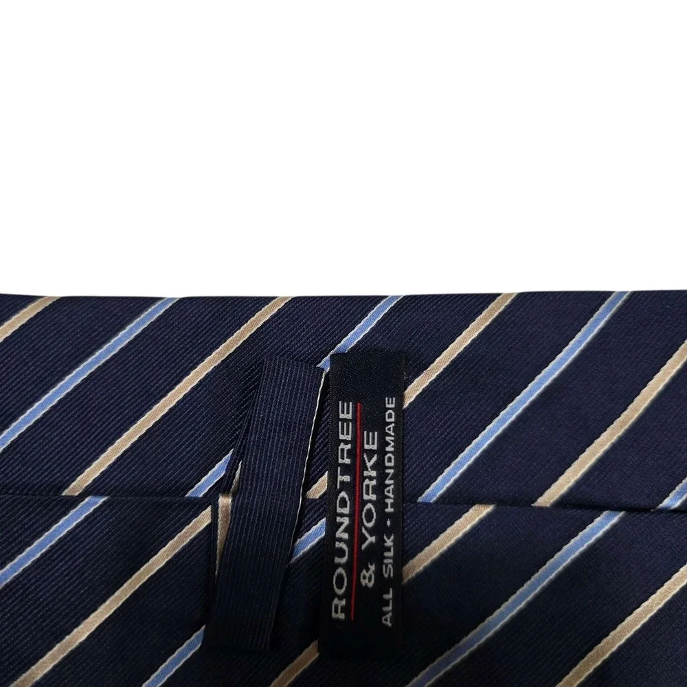 ROUNDTREE & YORKE Striped REPP Silk Handmade Necktie Blue Navy Cream‎ Classic